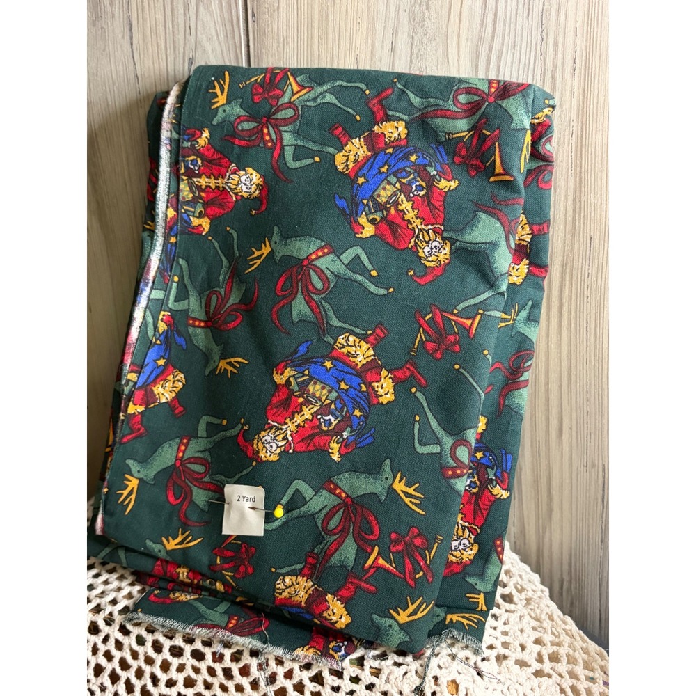 Vintage Christmas Fabric 2 Yards Santa Reindeer Green Holiday Cotton Woven